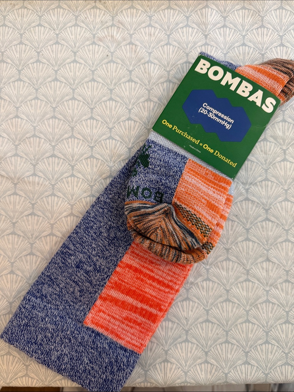 Bombas Compression Crew Socks in Blue and Orange Stripe, midweight